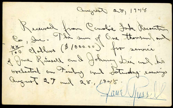 Jane Russell JSA Coa Signed 1948 Concert Payment Receipt Autograph