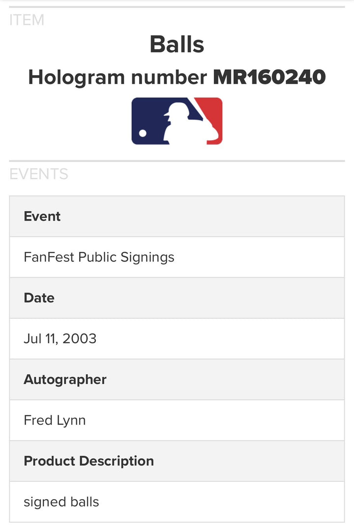 Fred Lynn Signed Official MLB Baseball Mvp Roy Autograph Boston Red Sox MLB COA