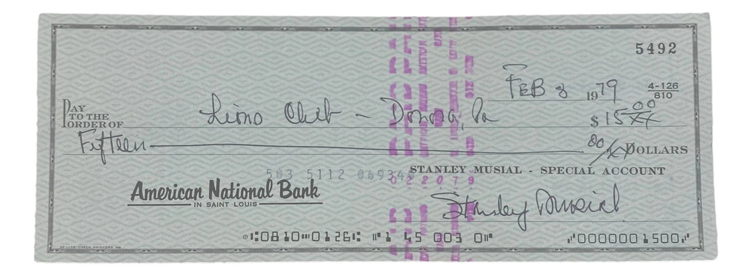 Stan Musial St. Louis Cardinals Signed  Bank Check #5492 BAS