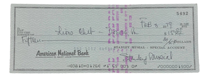 Stan Musial St. Louis Cardinals Signed  Bank Check #5492 BAS