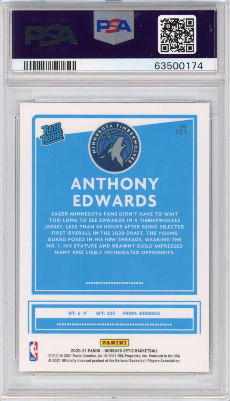 Graded 2020-21 Panini Donruss Optic Anthony Edwards #151 Rookie Card PSA 10