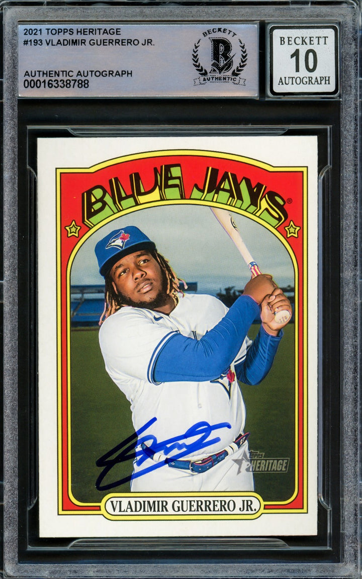 Vladimir Guerrero Jr Auto 2021 Topps Heritage Card 193 Blue Jays Auto 10 Beckett