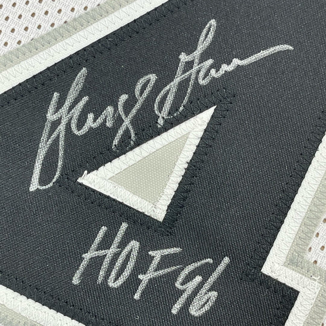 FRAMED Autographed/Signed GEORGE GERVIN 33x42 HOF 96 White Jersey JSA COA