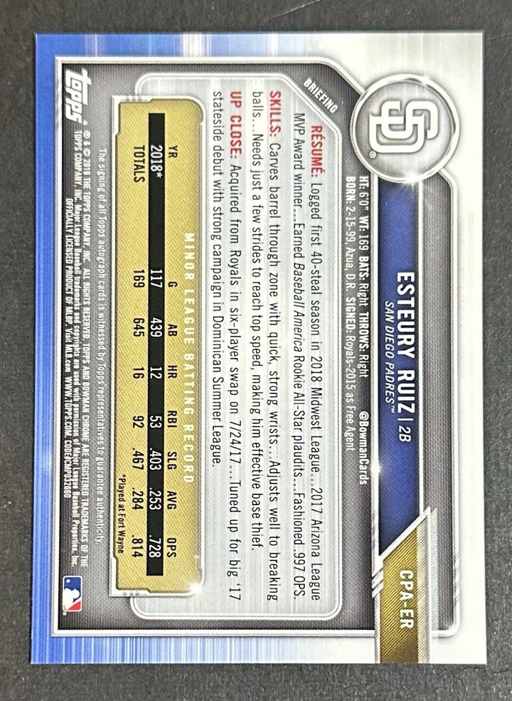 2018 Bowman Chrome 1st Esteury Ruiz Mint Auto Rookie Card RC /250 Purple A’s