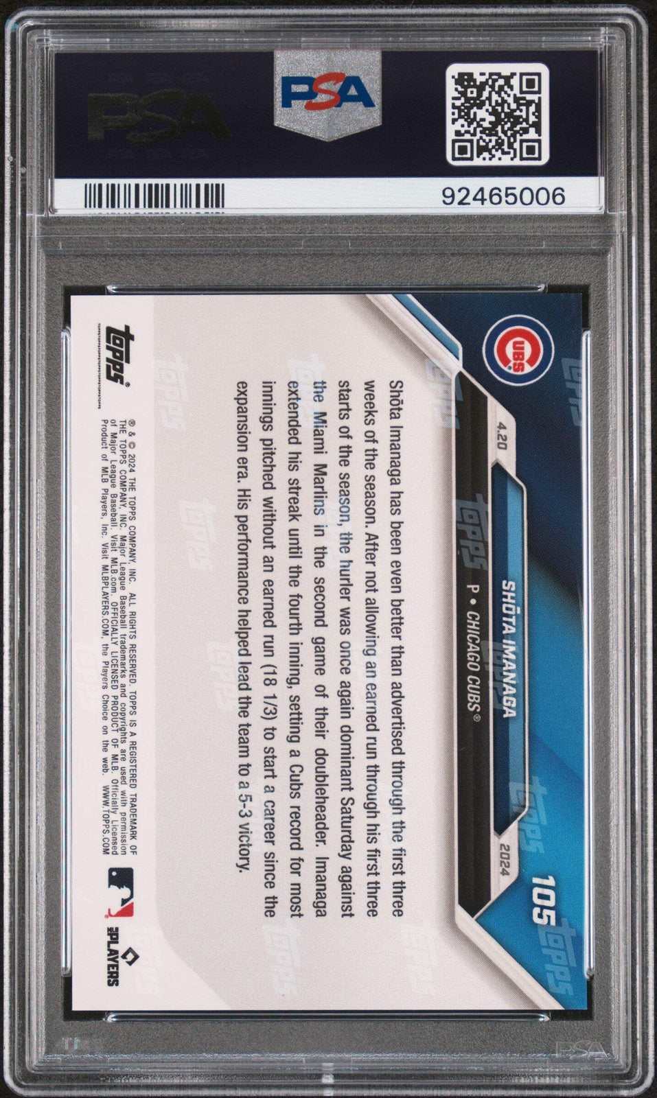 Graded 2024 Topps Now Shota Imanaga #105 Blue #/49 Rookie Baseball Card PSA 10