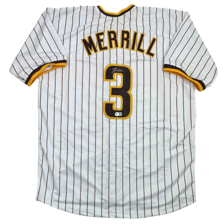 Autographed/Signed Jackson Merrill San Diego Pinstripe Baseball Jersey BAS COA