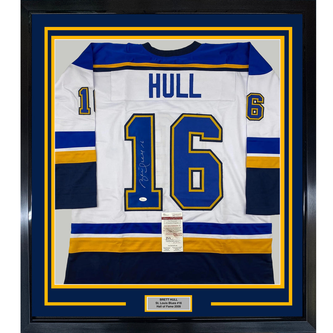 Framed Autographed/Signed Brett Hull 33x42 St. Louis White Hockey Jersey JSA COA