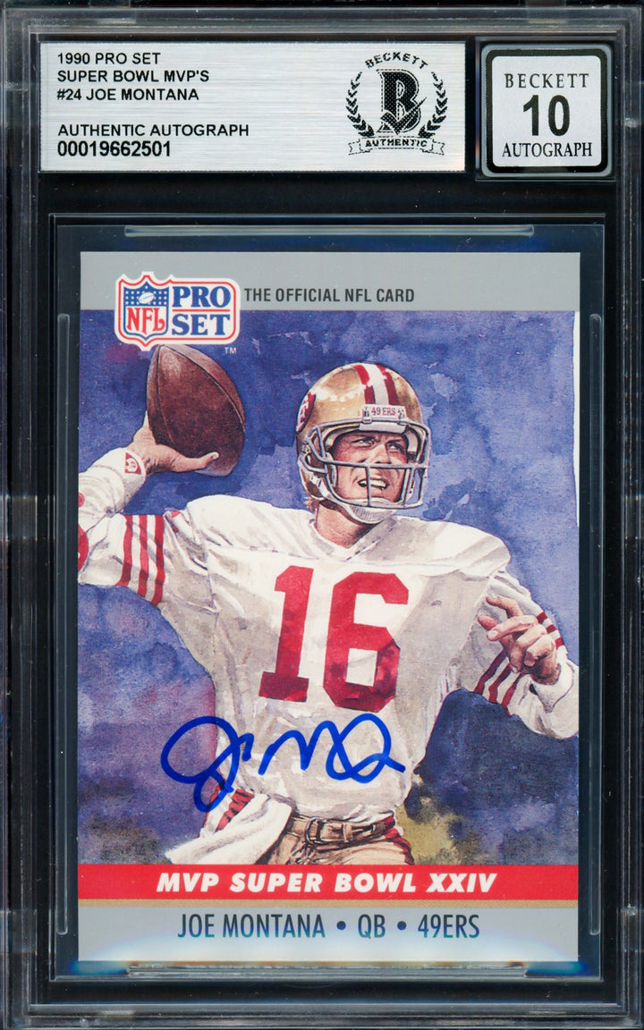 Joe Montana Signed 1990 Pro Set Card 24 San Francisco 49ers Auto GM 10 Beckett