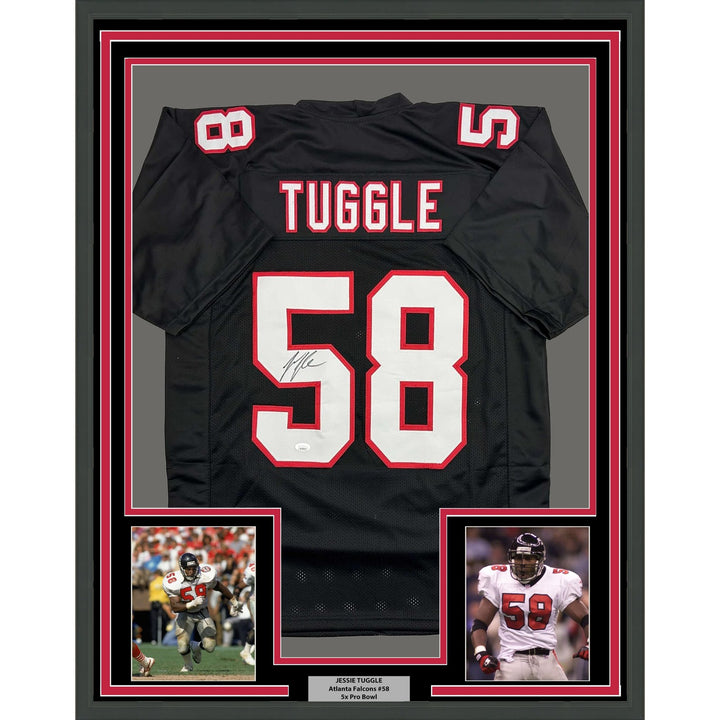 Framed Autographed/Signed Jessie Tuggle 35x39 Atlanta Black Jersey JSA COA