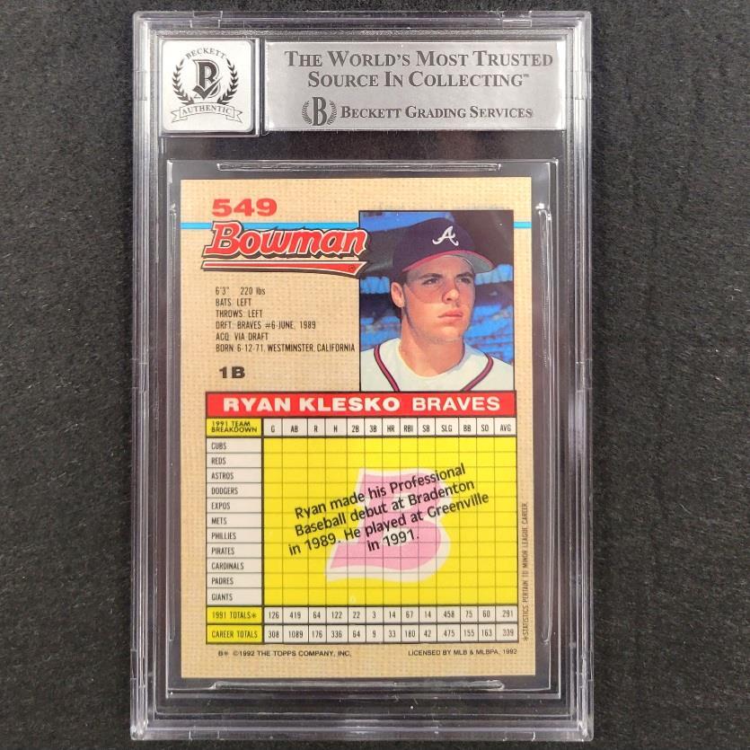 Ryan Klesko signed 1992 Bowman #549 RC rookie card Atlanta Braves BAS 10 auto