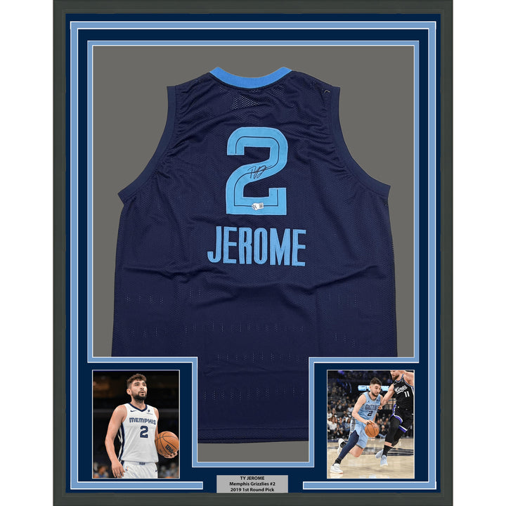 Framed Autographed Ty Jerome 35x39 Memphis Navy Blue Jersey BAS COA