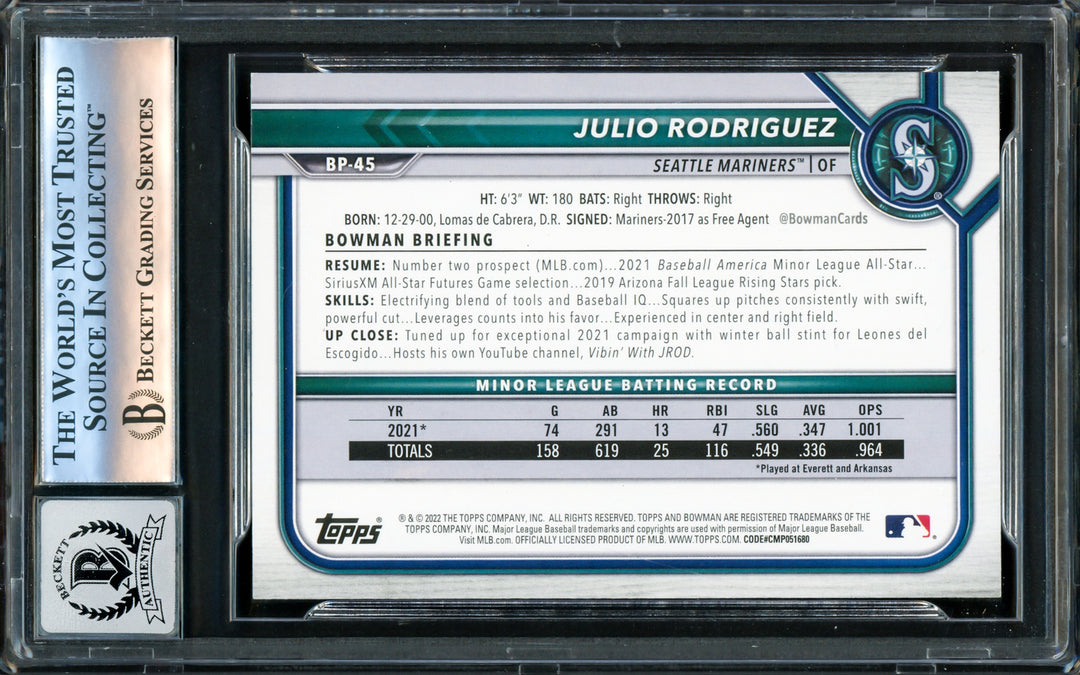Julio Rodriguez Auto 2022 Bowman Prospects Card BP45 Mariners Auto GM 10 Beckett
