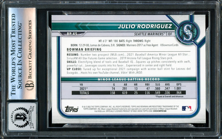 Julio Rodriguez Auto 2022 Bowman Prospects Card BP45 Mariners Auto GM 10 Beckett