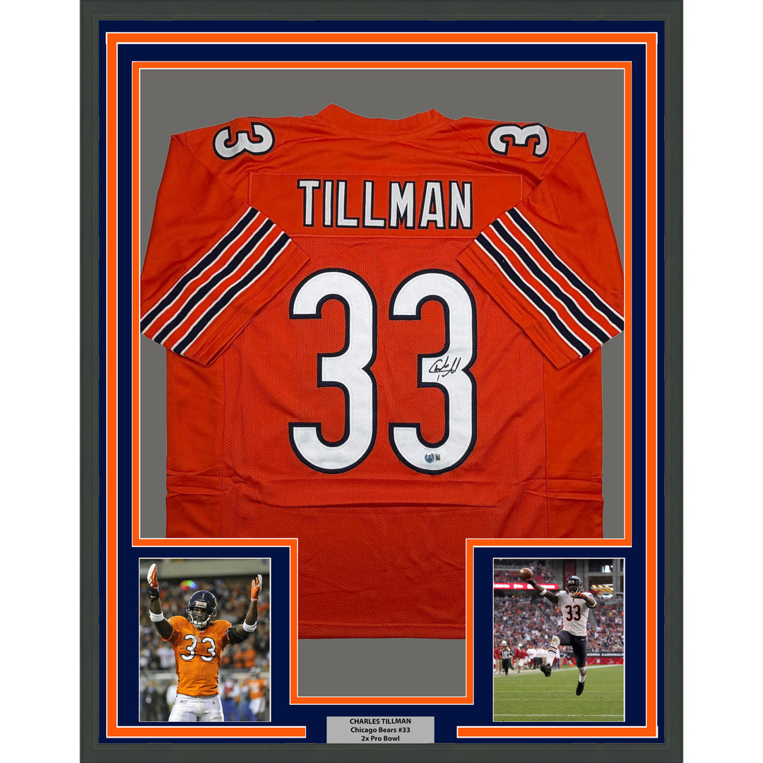 Framed Autographed/Signed Charles Tillman 35x39 Chicago Orange Jersey BAS COA