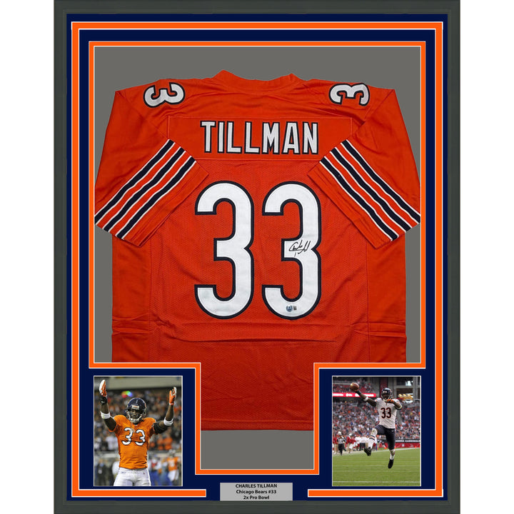 Framed Autographed/Signed Charles Tillman 35x39 Chicago Orange Jersey BAS COA