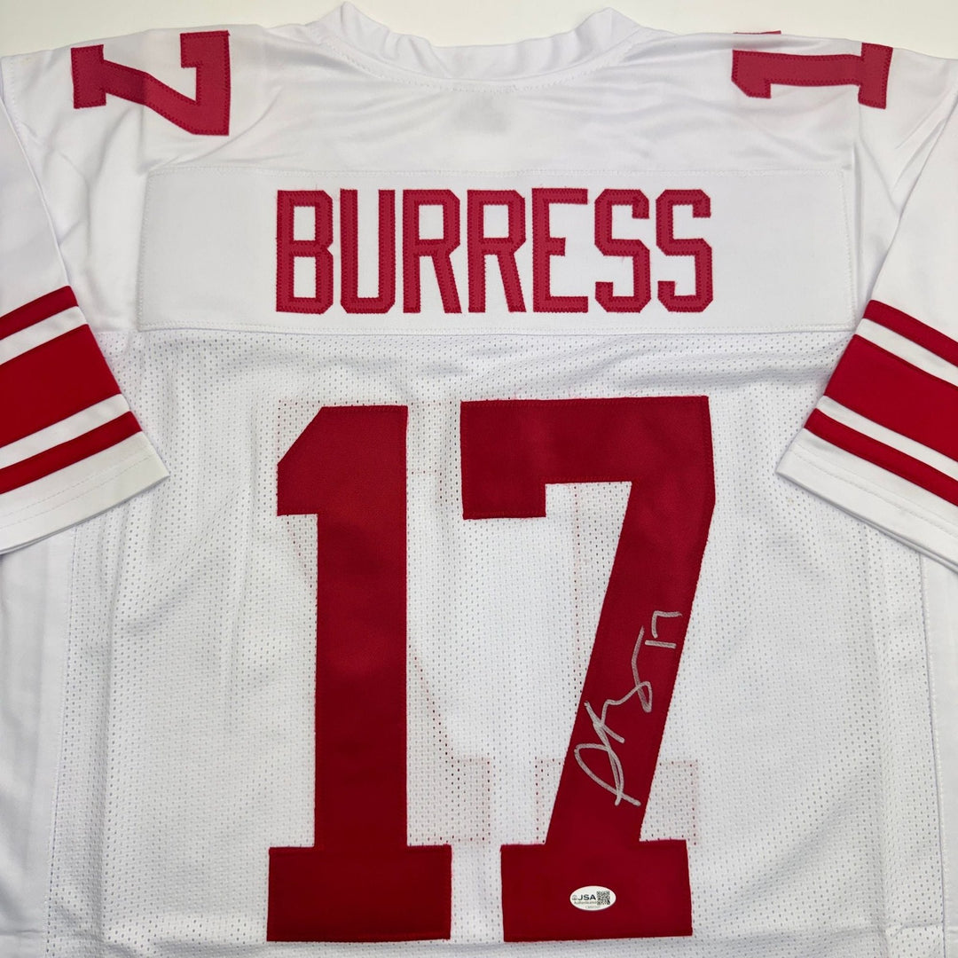 Autographed/Signed Plaxico Burress New York White Football Jersey JSA COA