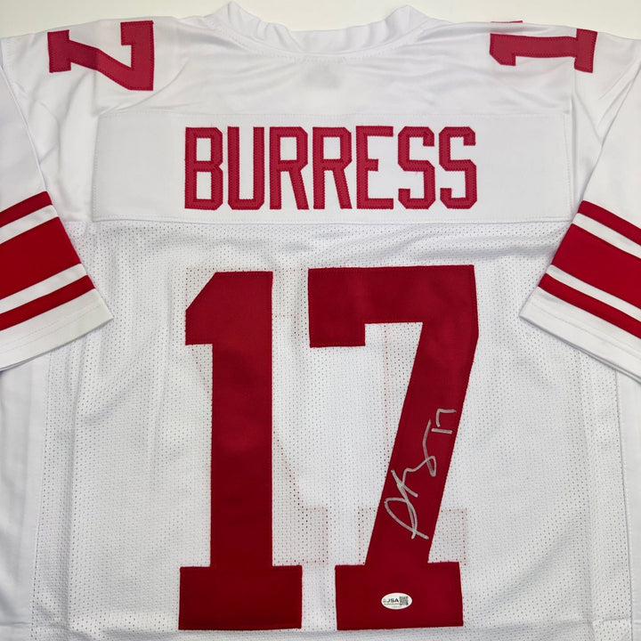 Autographed/Signed Plaxico Burress New York White Football Jersey JSA COA