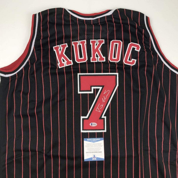 Autographed/Signed Toni Kukoc Chicago Black Pinstripe Jersey BAS COA