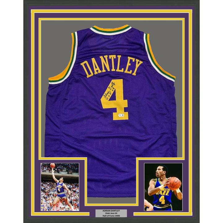 Framed Autographed/Signed Adrian Dantley 35x39 HOF Utah Purple Jersey COA