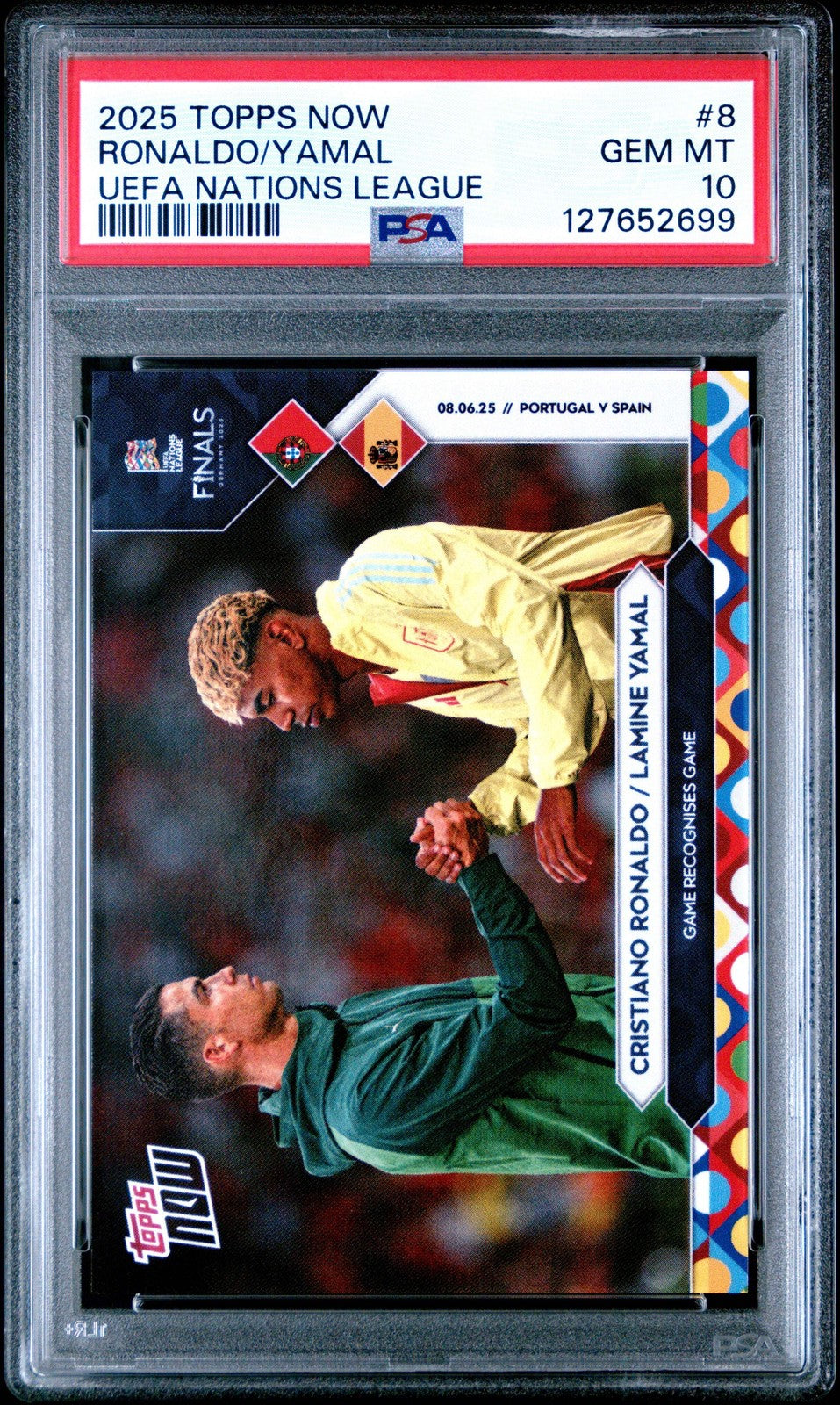 Graded 2025 Topps Now UEFA Cristiano Ronaldo/Lamine Yamal #8 Soccer Card PSA 10