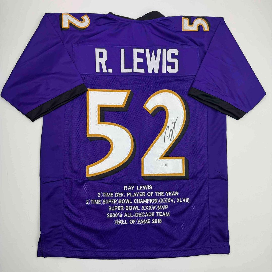Autographed/Signed Ray Lewis Baltimore Purple Stat Football Jersey Beckett COA
