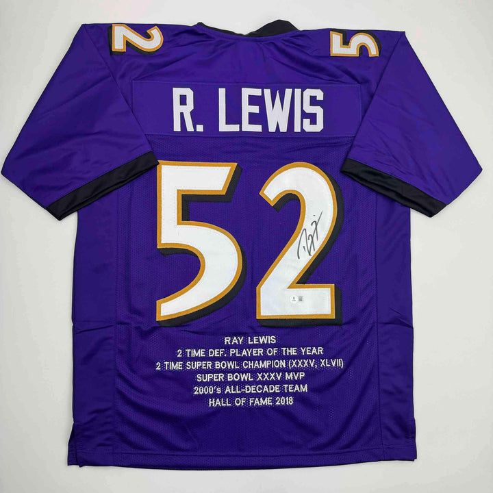Autographed/Signed Ray Lewis Baltimore Purple Stat Football Jersey Beckett COA