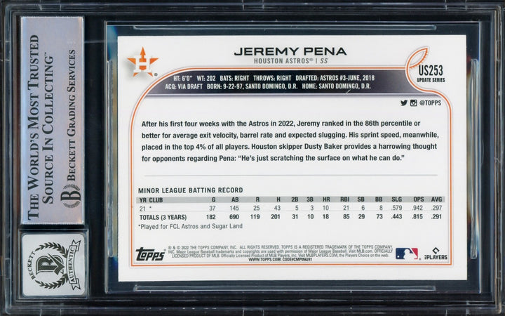 Jeremy Pena Signed 2022 Topps Update RC US253 Houston Astros Auto GM 10 Beckett