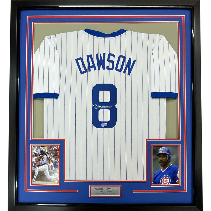 Framed Autographed/Signed Andre Dawson 33x42 Chicago Pinstripe Jersey JSA COA