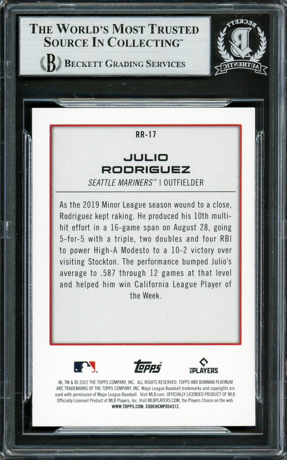 Julio Rodriguez Signed 2022 Bowman Platinum Renowned Rookies RC RR17 Beckett
