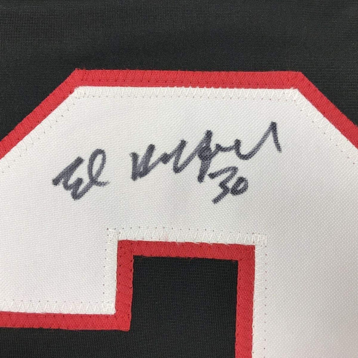 Framed Autographed/Signed Ed Belfour 35x39 Chicago Black Jersey JSA COA