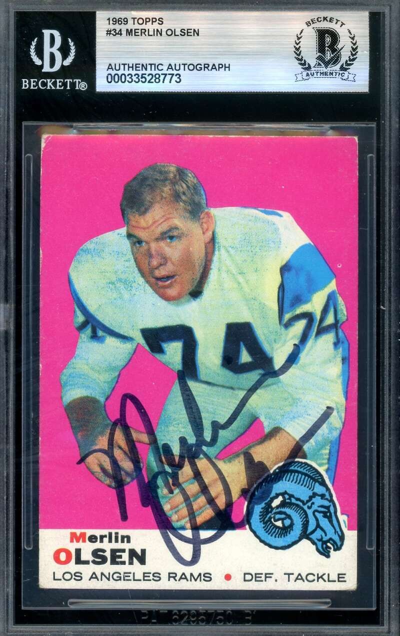 Merlin Olsen Beckett BAS Signed 1969 Topps Autograph