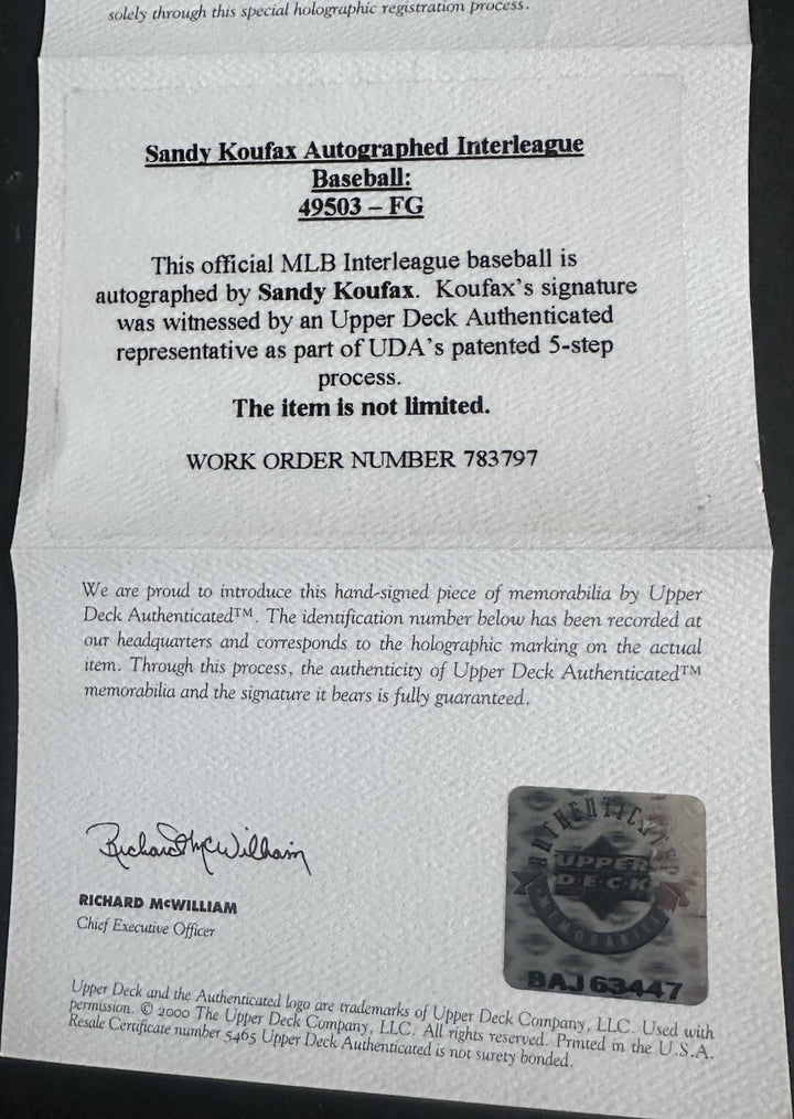 Sandy Koufax Signed Official Mlb Baseball Hof Auto Upper Deck Uda Coa W/ Case