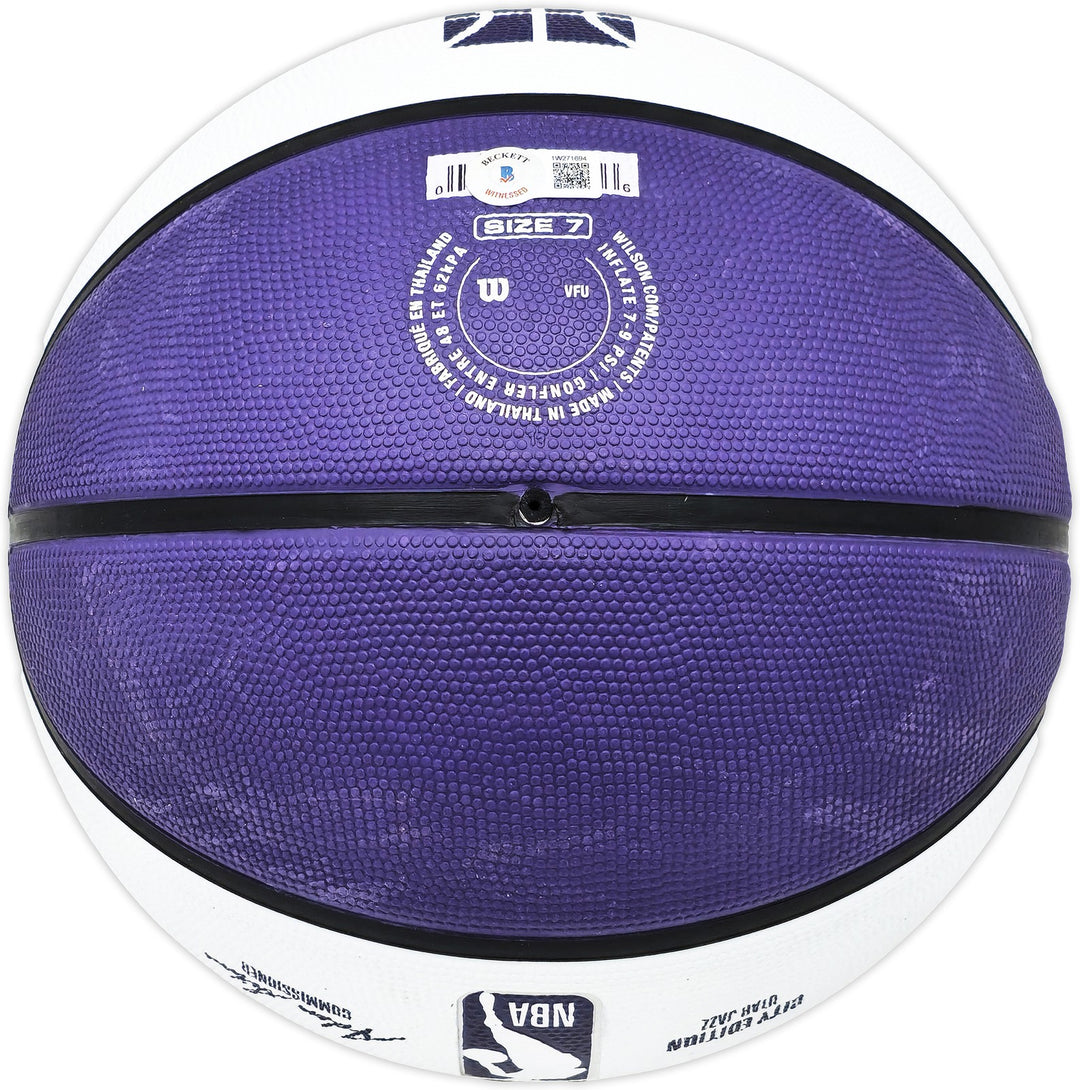 John Stockton Signed Purple & White City Edition Basketball Jazz Beckett Wit