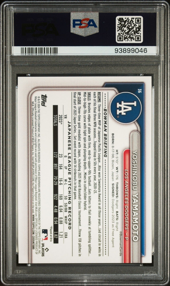 Graded 2024 Topps Bowman Yoshinobu Yamamoto #36 Rookie RC Card PSA 10
