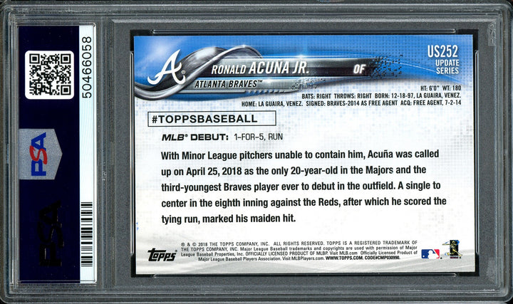 Ronald Acuna Jr Signed 2018 Topps Update RC US252 Auto 10 Card Mint 9 PSA/DNA