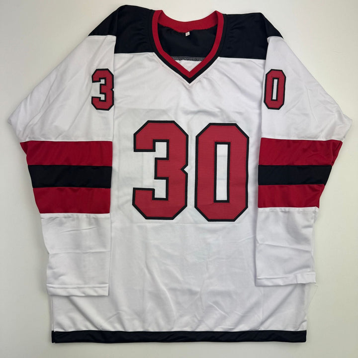 Autographed/Signed Martin Brodeur New Jersey NJ White Hockey Jersey BAS COA