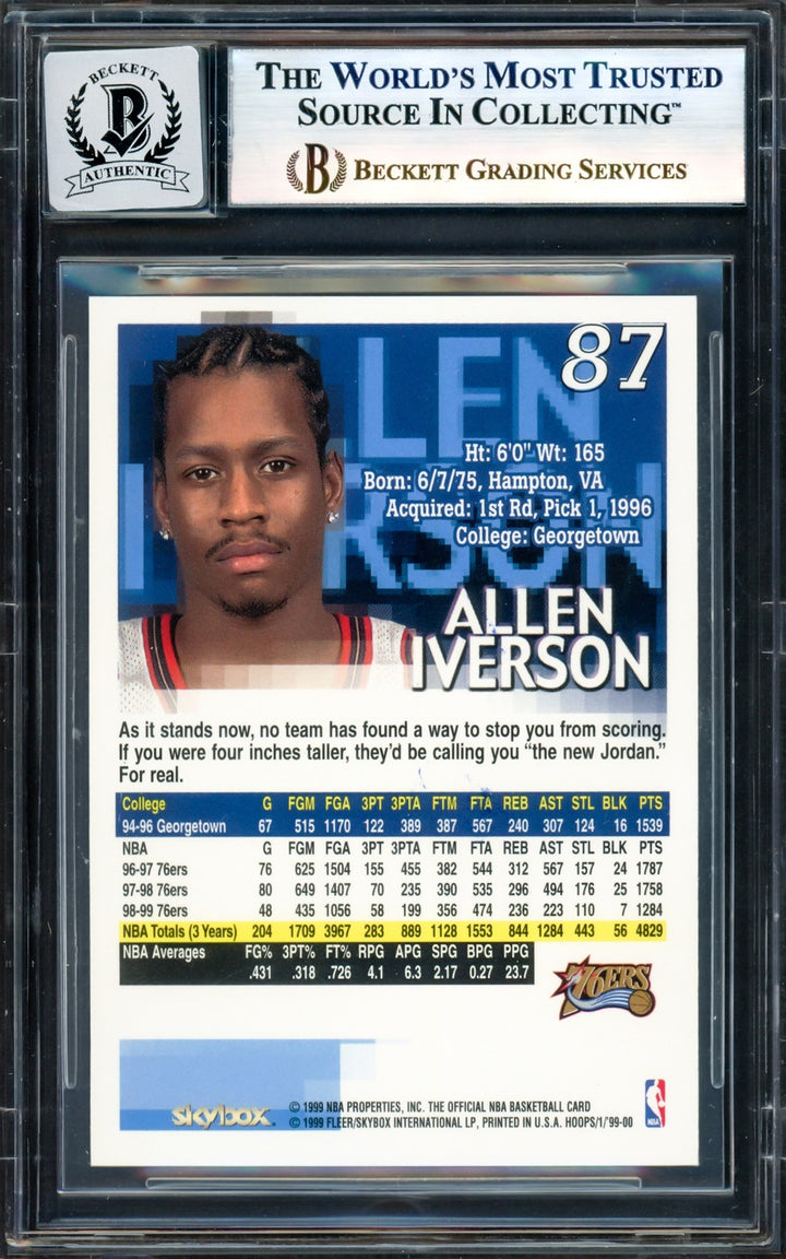 Allen Iverson Auto 1999-00 Hoops Card 87 76ers Auto GM 10 Beckett Wit #17005012
