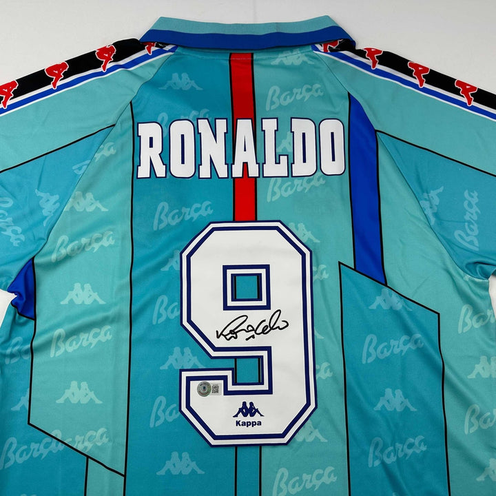 Autographed/Signed Ronaldo Nazario FC Barcelona 1996-97 Teal Jersey BAS COA