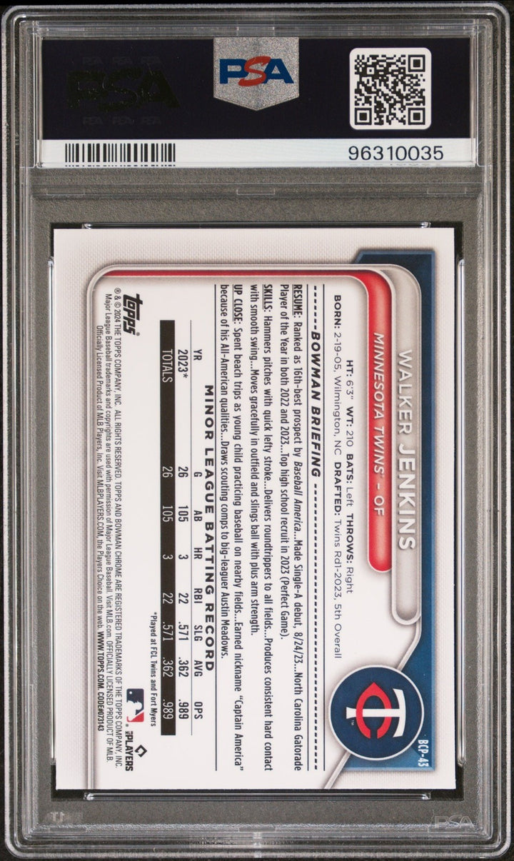Graded 2024 Bowman Walker Jenkins #BCP43 Chrome Prospects Card PSA 10