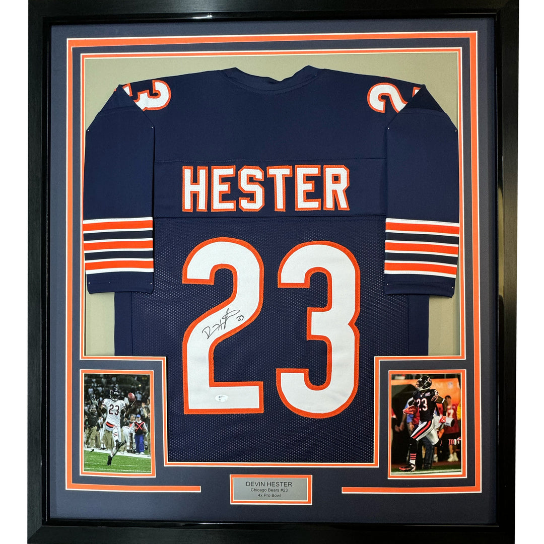 Framed Autographed/Signed Devin Hester 33x42 Chicago Blue Jersey JSA COA