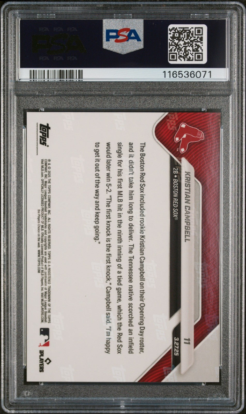 Graded 2025 Topps Now Kristian Campbell #11 Gold /50 Rookie Card PSA 10