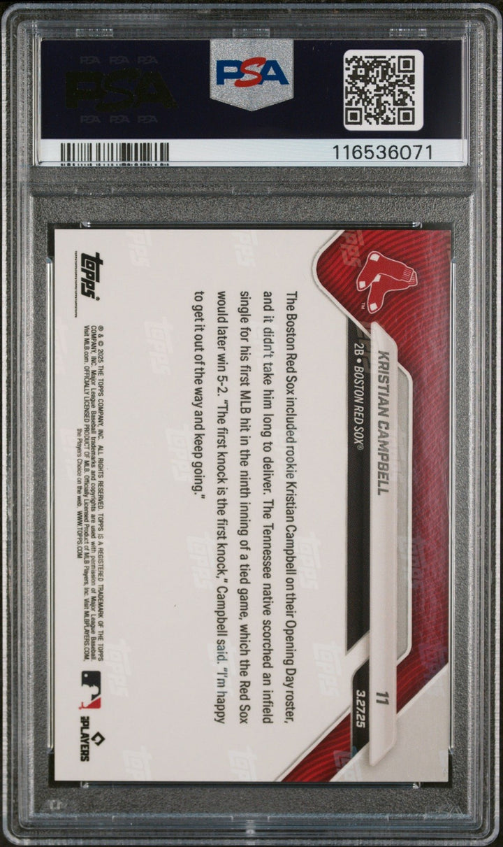 Graded 2025 Topps Now Kristian Campbell #11 Gold /50 Rookie Card PSA 10