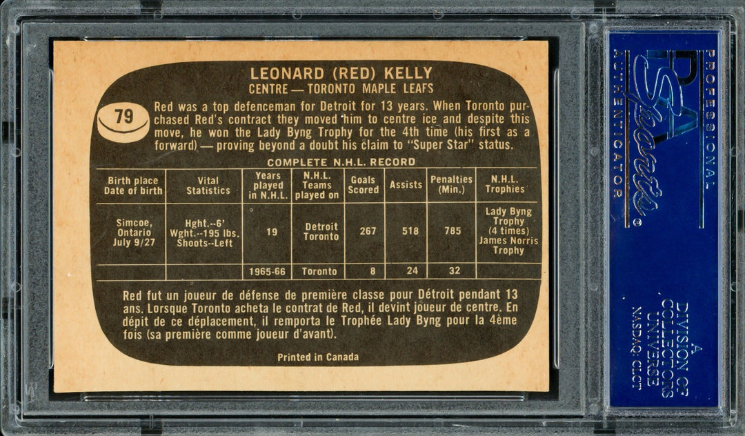 Red Kelly Signed 1966-67 Topps Card 79 Toronto Maple Leafs PSA/DNA #83462246