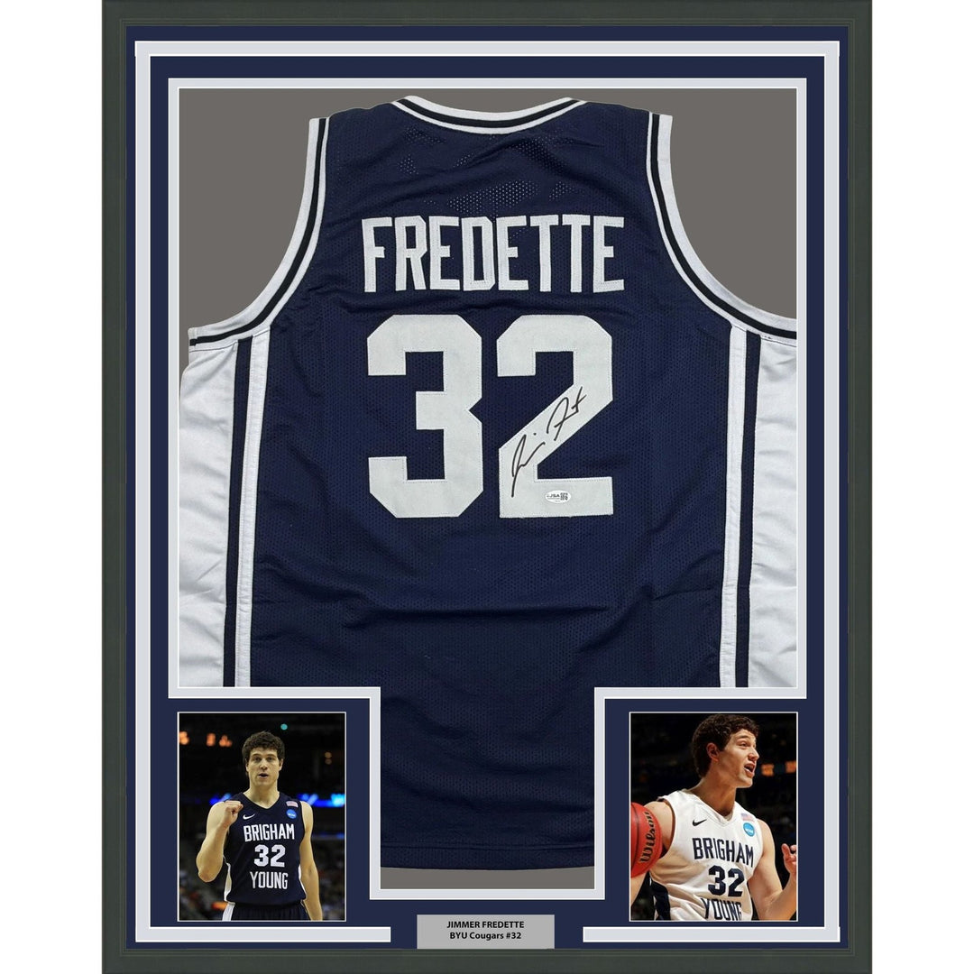 Framed Autographed/Signed Jimmer Fredette 35x39 BYU Blue Jersey JSA COA