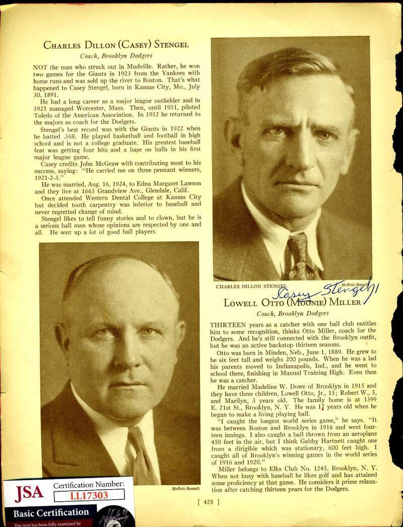 Casey Stengel JSA Cert Signed Photo Page Vintage Autograph