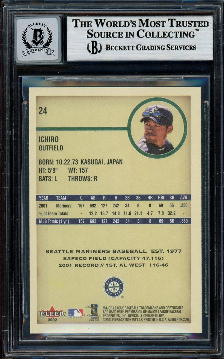 Ichiro Suzuki Signed 2002 Fleer Authentix Card 24 Mariners Auto 10 Beckett
