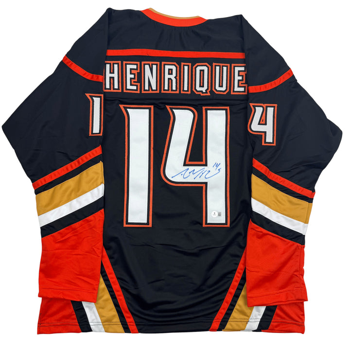 Autographed/Signed Adam Henrique Anaheim Black Hockey Jersey BAS COA