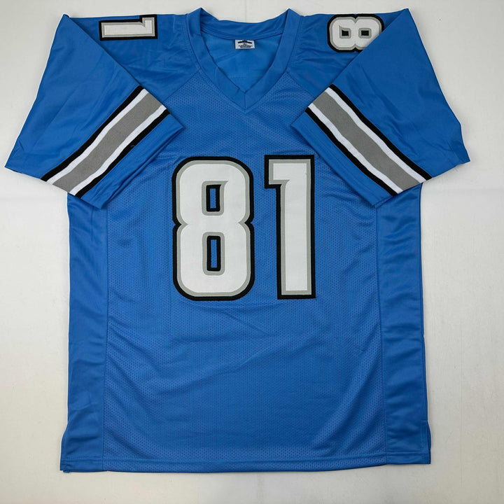 Facsimile Autographed Calvin Johnson Detroit Blue Reprint Jersey Size Men's XL