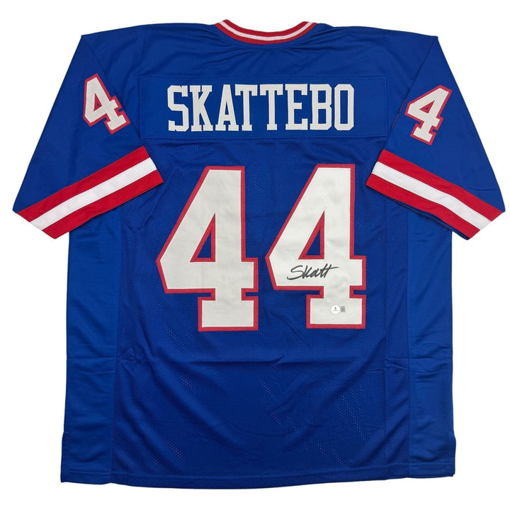 Autographed/Signed Cam Skattebo New York Blue Retro Football Jersey BAS COA