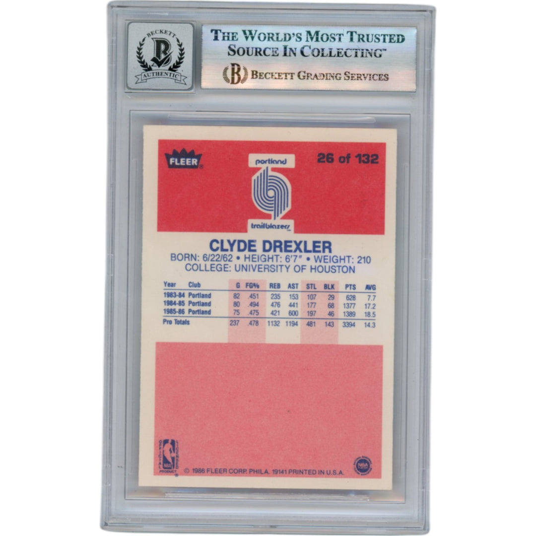 Clyde Drexler Autographed 1986 Fleer #26 Slabbed Trading Card Beckett 50663